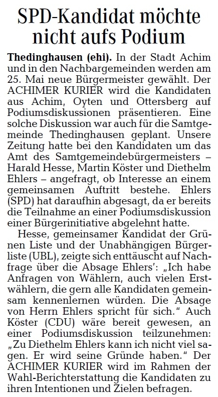 Bericht zur möglichen Podiumsdiskussion des Achimer Kuriers vom 19.04.2014