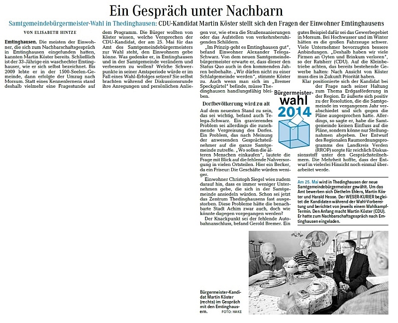 Bericht über ein Nachbarschaftsgespräch im Achimer Kurier vom 06.05.2014