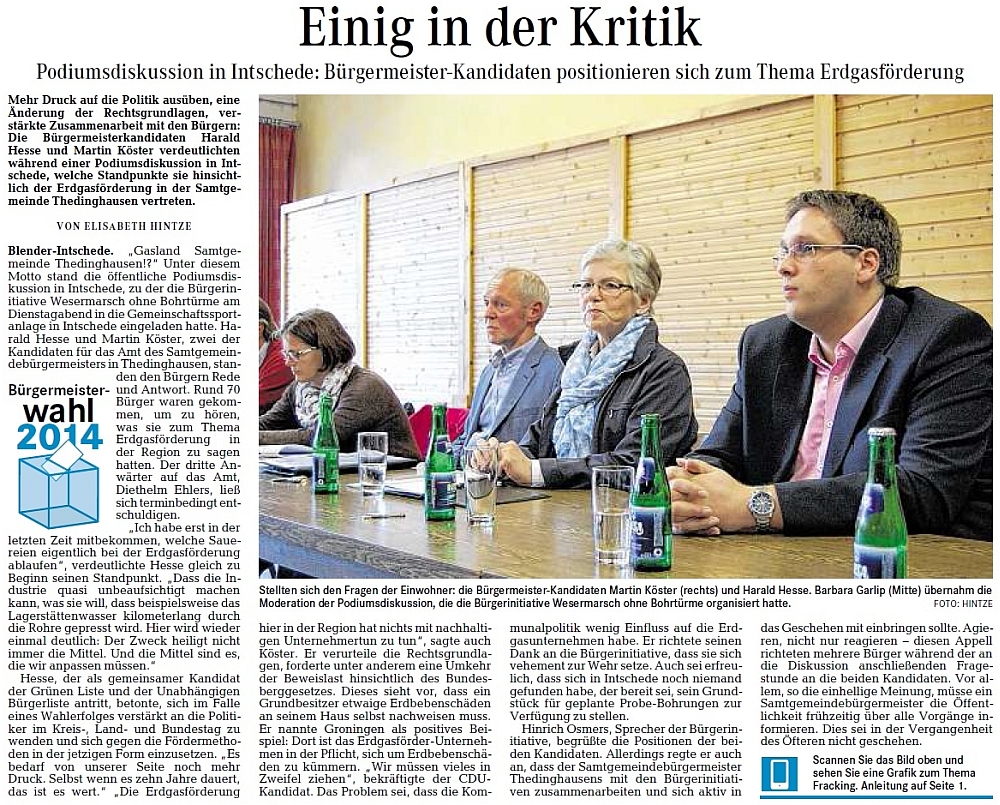 Bericht über die Podiumsdiskussion in Intschede im Achimer Kurier vom 15.05.2014