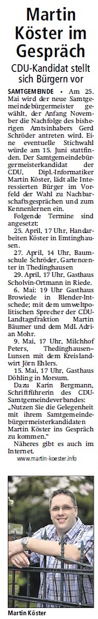 Terminankündigung in der Thedinghäuser Zeitung vom 19.04.2014