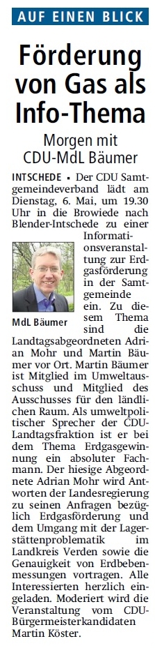 Terminankündigung in der Thedinghäuser Zeitung vom 05.05.2014