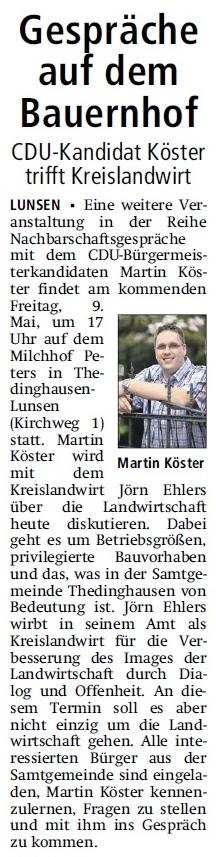 Terminankündigung in der Thedinghäuser Zeitung vom 08.05.2014