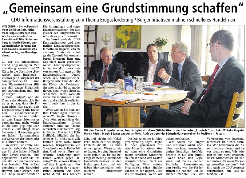 Bericht über die Infoveranstaltung zum Thema Erdgasförderung in der Thedinghäser Zeitung vom 08.05.2014