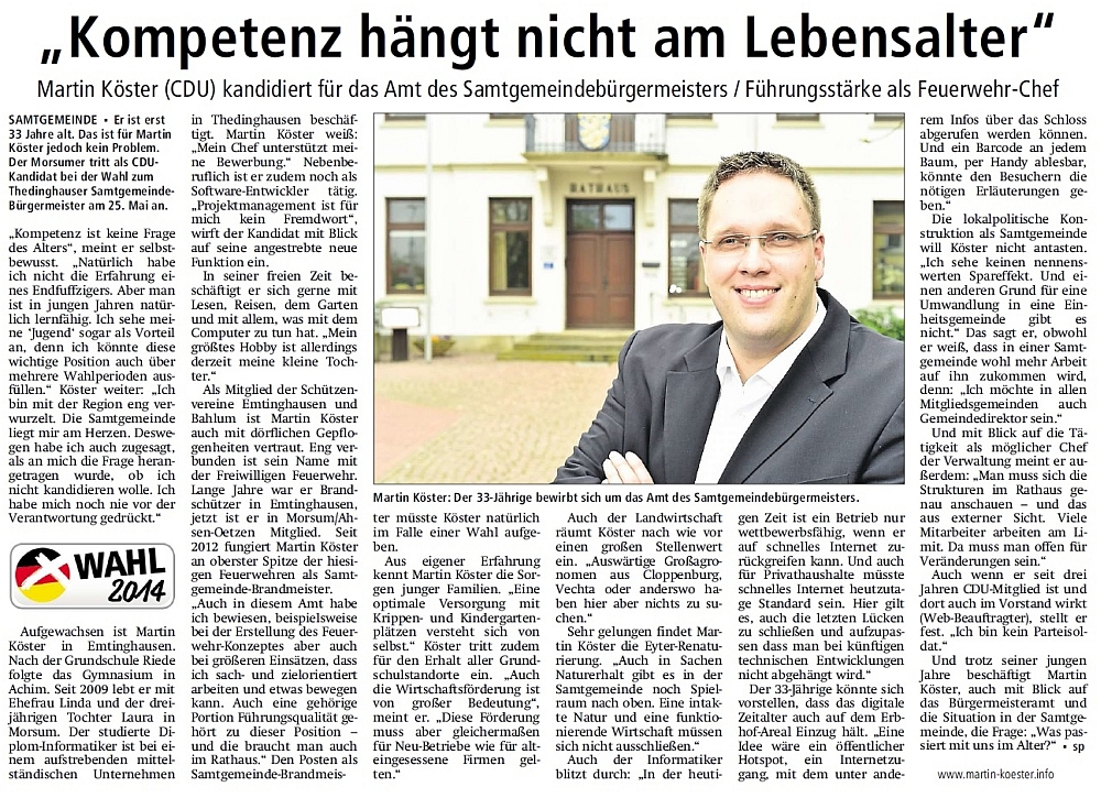 Kandidatenvorstellung in der Thedinghäuser Zeitung vom 17.05.2014