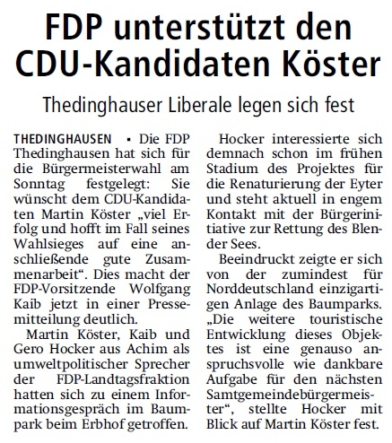 Artikel zur Unterstützung der FDP in der Thedinghäuser Zeitung vom 21.05.2014